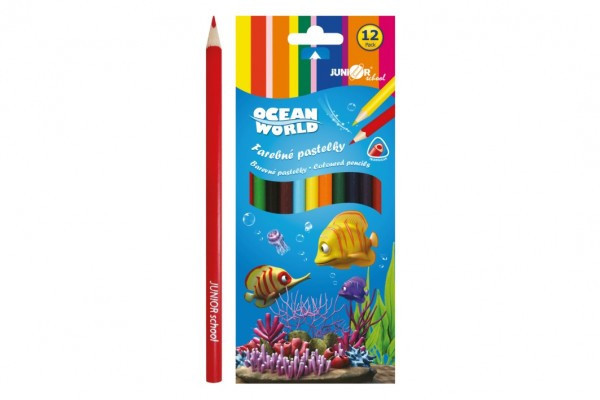 Pastelky farebné drevo Ocean World trojhranné 12 ks v krabičke 9x20,5x1cm 12ks v krabici