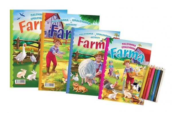 Omaľovánky+aktivity/Maľovanky+aktivity Na farme/Na farme 4ks + pastelky CZ+SK verzia v sáčku 21x2