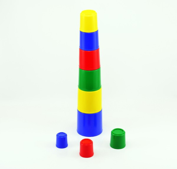 Kubus pyramída skladačka guľatá plast 4 farby 9x9x8cm 12m+
