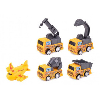 Stavebný stroj mini 4ks + lietadlo plast 5-7cm na spätné natiahnutie v blistri 23x22cm