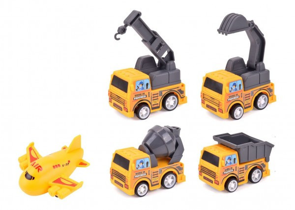Stavebný stroj mini 4ks + lietadlo plast 5-7cm na spätné natiahnutie v blistri 23x22cm