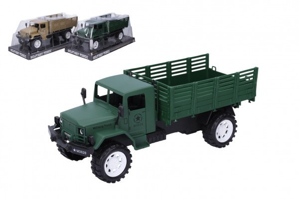 Auto vojenské nákladný plast 27cm na zotrvačník 2 farby v blistri 14x32x13cm