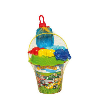 Súprava na piesok 7ks plast vedro, sitko, lopatka, 4 formičky 3 farby v sieťke 18m+