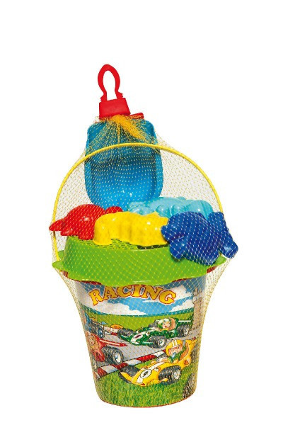 Súprava na piesok 7ks plast vedro, sitko, lopatka, 4 formičky 3 farby v sieťke 18m+