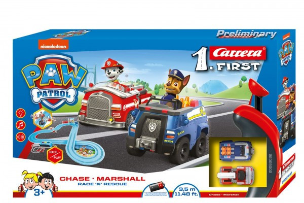 Autodráha Carrera First Paw Patrol/Tlapková Patrola 3,5m plast +2 autá na bat. v krabici 50x30x8