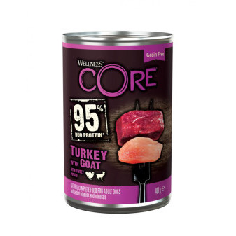 Konzerva Wellness Core Dog 95% Proteín Adult morka, koza a batáta 400g