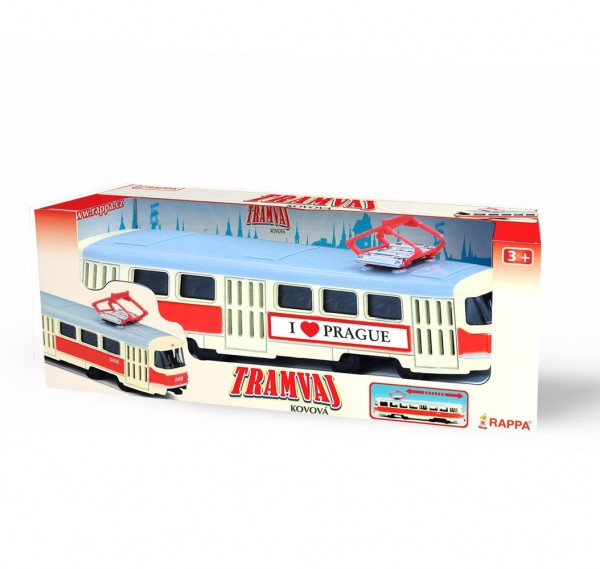 Električka Tatra T3 česká kovová 16cm I LOVE PRAGUE retro na spätný chod v krabičke 20x8x6cm CZ des