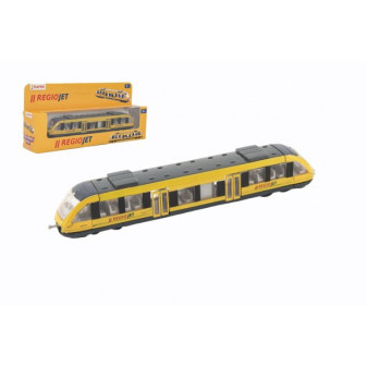 Vlak žltý RegioJet kov/plast 17cm na voľný chod v krabičke 21x9,5x4cm