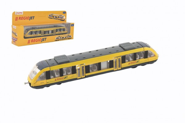 Vlak žltý RegioJet kov/plast 17cm na voľný chod v krabičke 21x9,5x4cm