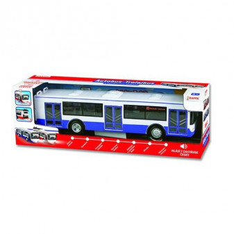 Autobus česky hovoriaci plast 28cm modrý voľný chod na bat. so svetom so zvukom v krab. 33x11x10cm