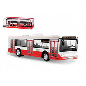 Autobus česky hovoriaci plast 28cm červený na spätné natiahnutie na bat. so svetom so zvukom v krabiciach
