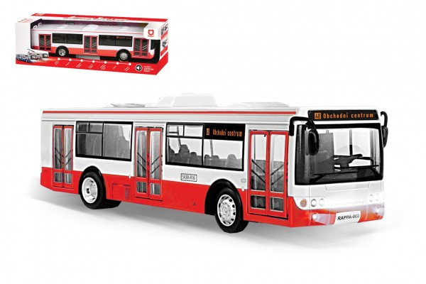 Autobus česky hovoriaci plast 28cm červený na spätné natiahnutie na bat. so svetom so zvukom v krabiciach