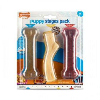 Nylabone hračka Puppy kosť príchuť kuracia, slanina+javor.sirup, hovädzie M 3ks