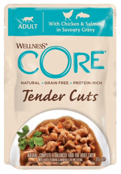 Kapsička Wellness Core Cat Tender kura a losos v omáčke 85g