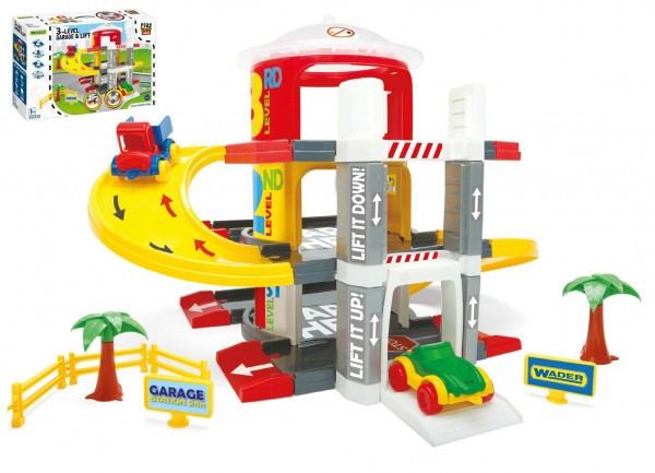 Garáž s výťahom 3 poschodia + dráha 2,3 m + 2 autá plast v krabici 59x40x15cm Wader 12m +