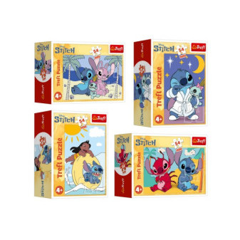 Minipuzzle Stitchova dobrodružstvo 54 dielikov 4 druhy v krabičke 6x9x4cm
