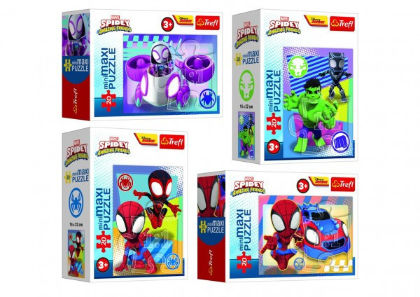 Minipuzzle miniMAXI 20 dielikov Spidey a jeho úžasní priatelia 4 druhy v krabičke 11x8x4cm