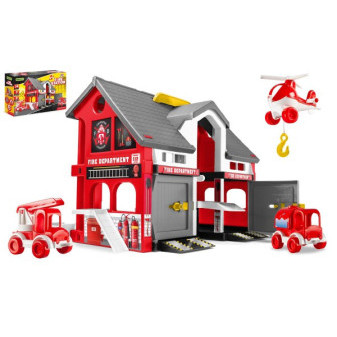 Play House - Požiarna stanica plast + 2ks áut + 1ks helikoptéra v krabici 59x39x15cm