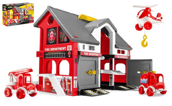 Play House - Požiarna stanica plast + 2ks áut + 1ks helikoptéra v krabici 59x39x15cm