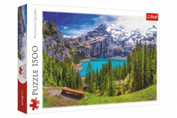 Puzzle Jazero Oeschinen Alpy, Švajčiarsko 1500 dielikov 85x58cm v krabici 40x26x6cm