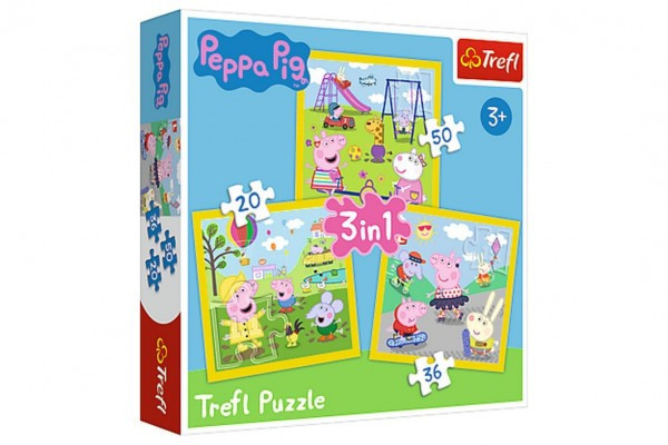 Puzzle 3v1 Prasiatko Peppa/ Peppa Pig Šťastný deň prasiatka v krabici 28x28x6cm