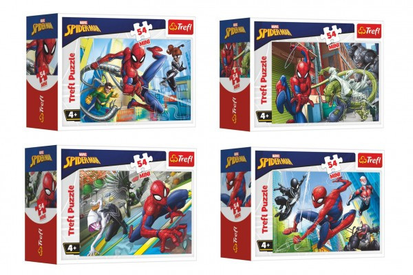 Minipuzzle 54 dielikov Spidermanov čas 4 druhy v krabičke 9x6,5x4cm
