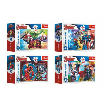 Minipuzzle 54 dielikov Avengers/Hrdinovia 4 druhy v krabičke 9x6,5x4cm 40ks v boxe