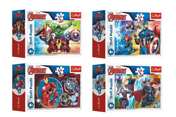 Minipuzzle 54 dielikov Avengers/Hrdinovia 4 druhy v krabičke 9x6,5x4cm