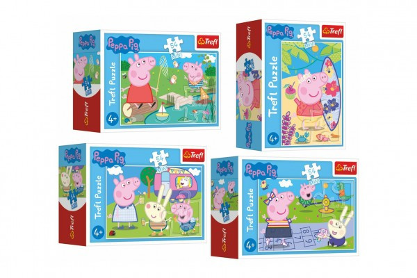Minipuzzle 54 dielikov Šťastný deň Prasiatka Peppy / Peppa Pig 4 druhy v krabičke 9x6,5x3,5cm