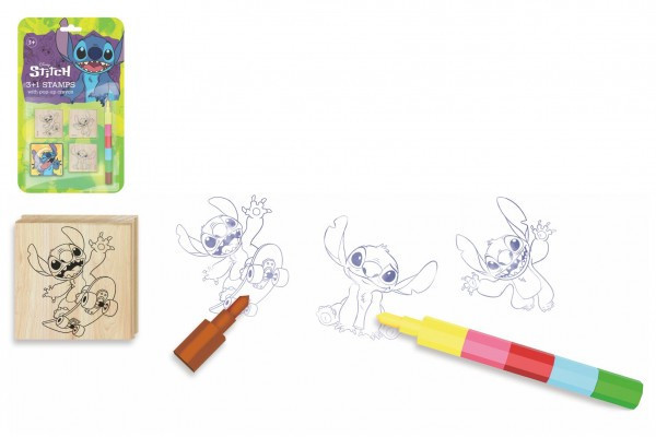 Pečiatky 3+1 s poduškou drevená 4,5x4,5cm s voskovkou Lilo & Stitch na karte 17x28cm