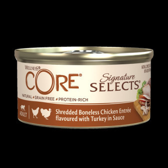 Konzerva Wellness Core Cat Selects Shredded kura s morkou v omáčke 79g