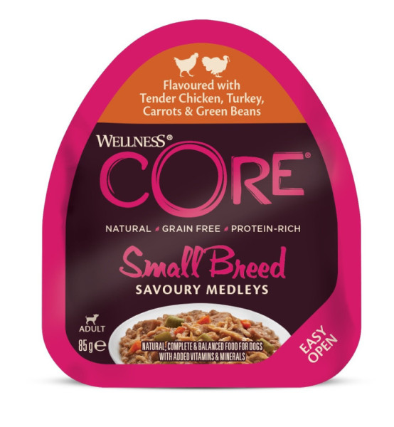 Konzerva Wellness Core Dog Savoury Medleys Adult Small kura, morka mrkva a fazuľa 85g