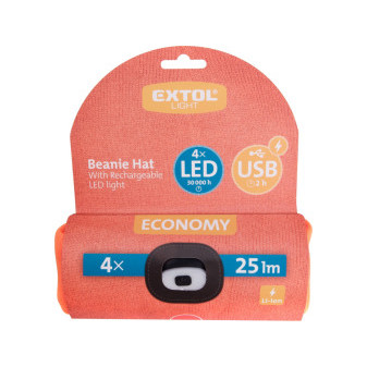 čiapka s čelovkou 4x25lm, USB nabíjanie, fluorescenčná oranžová, ECONOMY, univerzálna veľkosť, 1