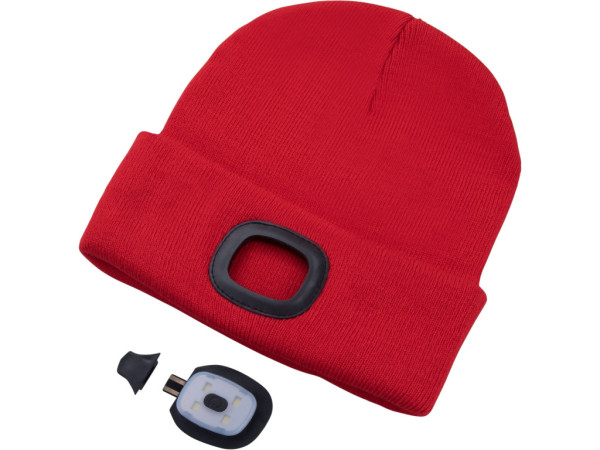 čiapka s čelovkou 4x45lm, USB nabíjanie, červená, univerzálna veľkosť, 73% acryl a 27% polyester