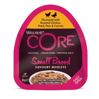 Konzerva Wellness Core Dog Savoury Medleys Adult Small kura, kačica, hrášok a mrkva 85g