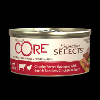 Konzerva Wellness Core Cat Selects Chunky kura s hovädzím v omáčke 79g