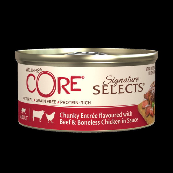 Konzerva Wellness Core Cat Selects Chunky kura s hovädzím v omáčke 79g
