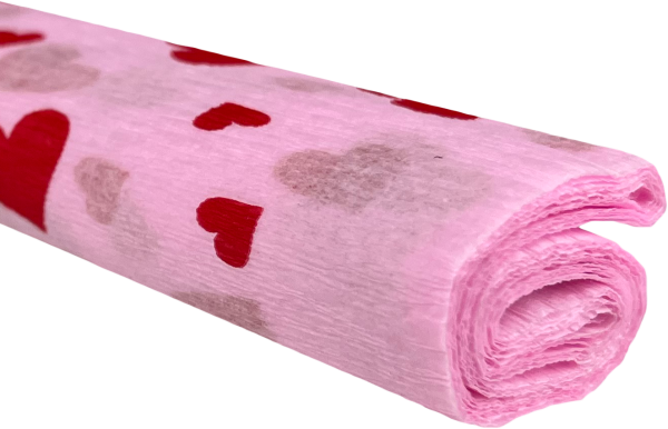 Krepový papír - Srdce na růžovém 0,5x2m 28 g/m2 C14D59
