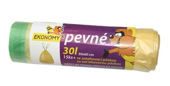 Vrecko do koša 30l, 15ks/rola žltá, s páskou, HDPE, Ekonómy Pevné 07035000