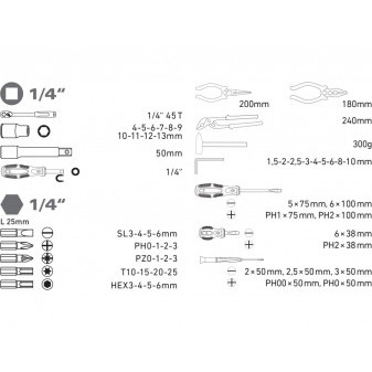 súprava náradia 57ks, 1/4', CrV