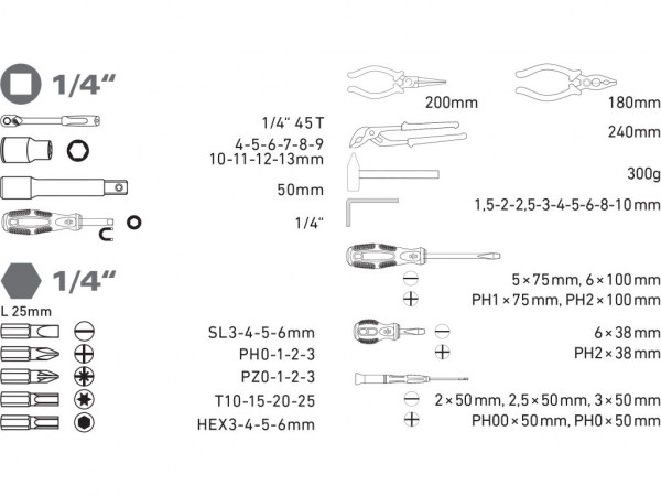 súprava náradia 57ks, 1/4', CrV