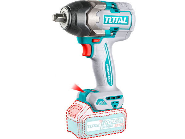 Uťahovák rázový AKU 1/2', brushless, 850Nm, 20 V Li-ion, bez batérie a nabíjačky, industrial