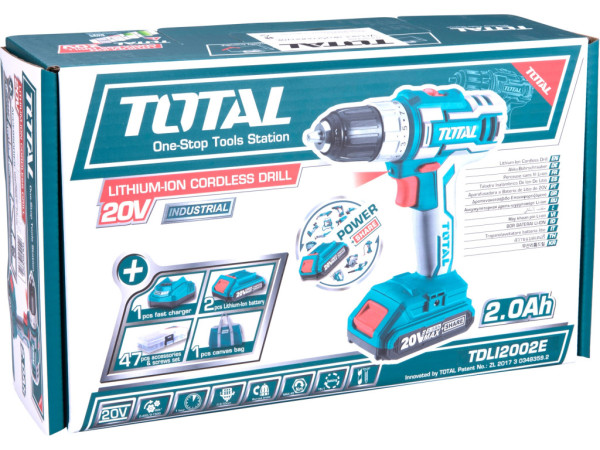 vŕtací skrutkovač aku, 20V Li-ion (2x), 2000mAh, v taške, sada 47ks
