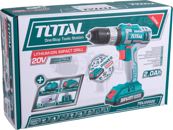 vŕtací skrutkovač aku s príklepom, 20V Li-ion (2x), 2000mAh, v taške, sada 50ks