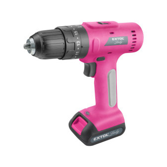 vŕtací skrutkovač aku s príklepom, ružový, 12V Li-ion, 2000mAh, v kufri s náradím, sada 27ks, EXT